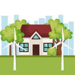Naklejka premium Eco friendly house with wind turbines over white background with city skyline. Vector illustration.