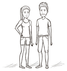Hand drawn uncolored standing people over white background. Vector illustration.