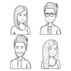 Hand drawn uncolored people set over white background. Vector illustration.