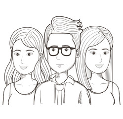 Hand drawn uncolored man with glasses and women over white background. Vector illustration.