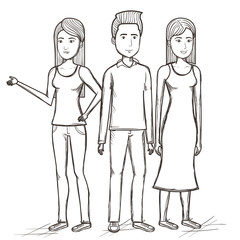 Hand drawn uncolored standing man and women over white background. Vector illustration.