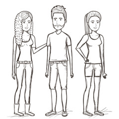 Hand drawn uncolored standing man and women over white background. Vector illustration.