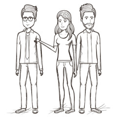 Hand drawn uncolored standing men and woman over white background. Vector illustration.