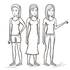 Hand drawn uncolored standing women over white background. Vector illustration.