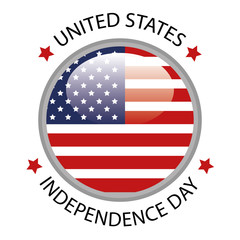 American flag button with Independence day sign and stars over white background. Vector illustration.