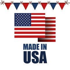 American flag with made in USA sign and festive banner over white background. Vector illustration.