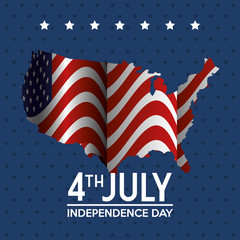 USA map with flag and 4th july sign over blue starry background. Vector illustration.