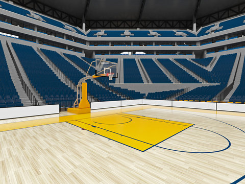 Beautiful modern sport arena for basketball with floodlights blue chairs and VIP boxes  for twenty thousand people