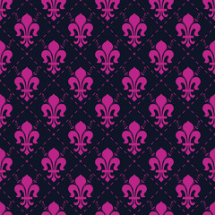 Seamless black and magenta pink vintage French royal Fleur de lis pattern vector