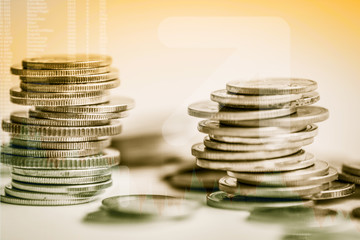 Stack of coins stock financial indices on currency exchange. Financial stock market in accounting market economy analysis. Digital stock exchange trade cost background. Economy financial cost concept;