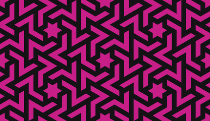 Seamless black and magenta pink vintage islamic hexagonal stars revolving pattern vector