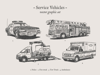 Fire truck, police car, ambulance and tow truck vector drawings set © iliy_z
