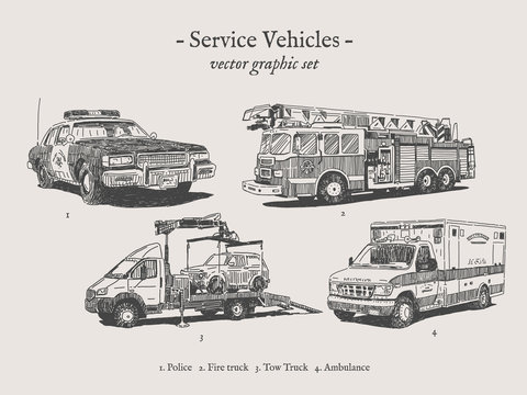 Fire Truck, Police Car, Ambulance And Tow Truck Vector Drawings Set