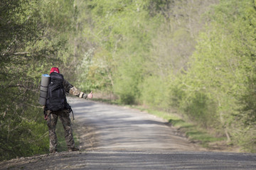 A traveler or a tourist with a large backpack and rug goes along the road near the forest and tries to catch a car (hitch-hiking)