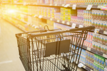 Abstract blurred photo of trolley in department store bokeh background,Shopping cart in supermarket...