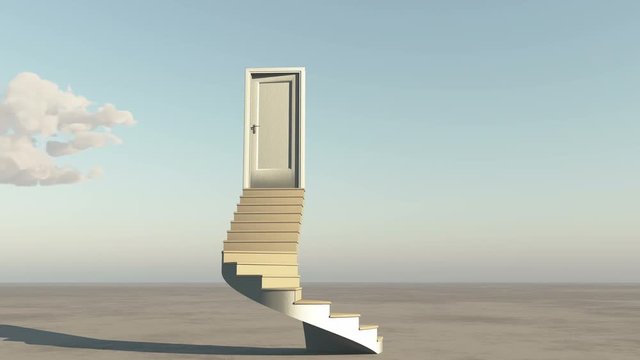 4k open door with stairs,timelapse flying clouds on the wide plains,sci-fi scenes,heaven door.