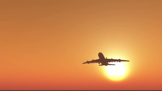 4k airplane flying over head at sunset or sunrise.