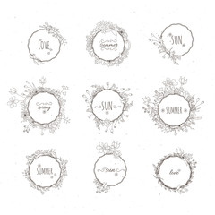 Rustic hand drawn flower elements set. Vector floral doodles, branches, flowers, laurels and frames.