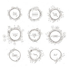 Rustic hand drawn flower elements set. Vector floral doodles, branches, flowers, laurels and frames.