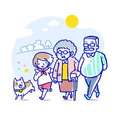 Little girl and her dog accompanied by her grandmother and grandfather for a leisure walk.