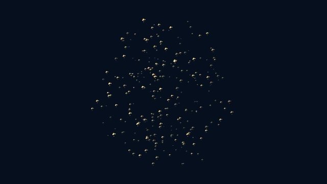Particles morph into a 3D sphere. Science motion graphics with dark background.