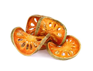 Dry Bael Fruit tea (Aegle marmelos) isolated on white background