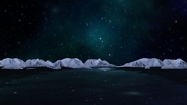 Mountainscape under beautiful starry sky. 3d render picture.