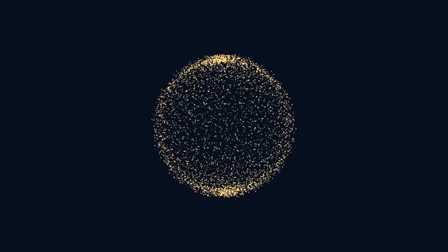 Particles morph into a 3D sphere. Science motion graphics with dark background.