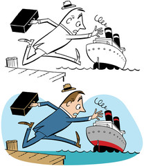 Obraz premium Mężczyzna jest spóźniony i spóźnił się na łódź