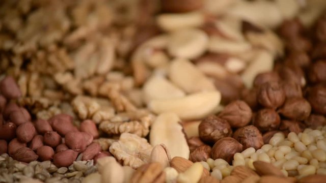 Nuts mix in a canvas bag in table.