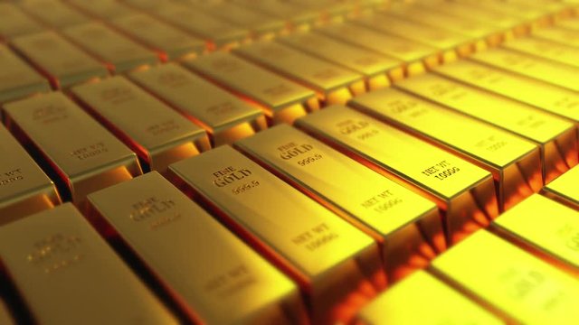 4k Gold bullion gold bars treasury wealth Ingot luxury finance goods trading,3D animation of stacked gold bars.