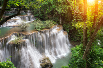 Landscape Huai Mae Kamin waterfall Srinakarin Dam in Kanchanaburi, Thailand.