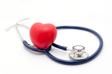 red heart and a stethoscope on white background, health care medical technology concept, soft focus, selective focus.