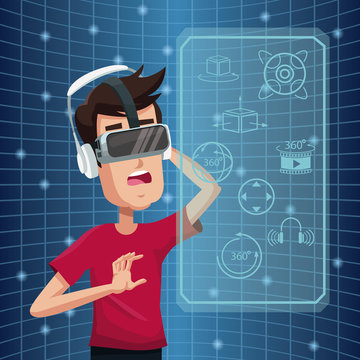young man virtual reality wearing goggle futuristic high tech vector illustration