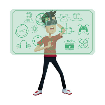young man virtual reality wearing headset simulation equipment vector illustration