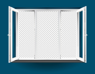 Triple leaf window open with white frames and transparent background.