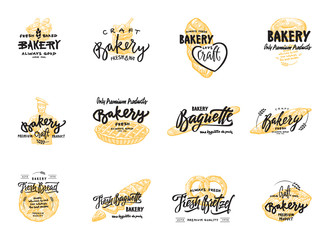 Vintage bakery lettering set. Vector color hand drawn vintage engraving illustration.