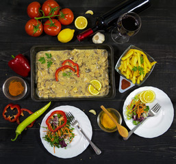 Tasty dish of chicken meat and mushrooms in a delicious juicy sauce of cream and other ingredients in the pan