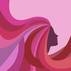 Vector painted multicolored profile of a girl with long wavy hair. Hairstyle concept for poster or background