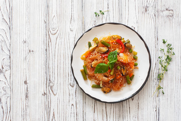 Rice noodles with vegetables and seafood