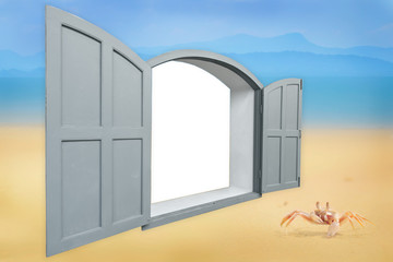 Blank window are open on tropical beach background with crab, happy summer holiday concept
