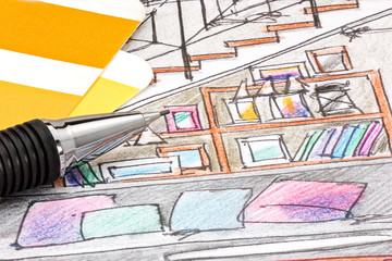 hand painted sketch of living room interior design with color samples and pencil