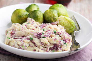Dutch dish Stamppot with red cabbage and Brussels sprout