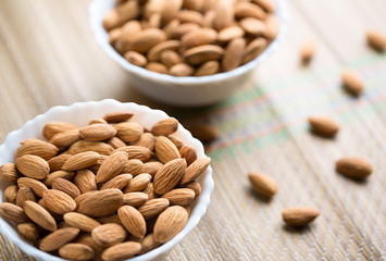 Close-up of almonds on white bowl