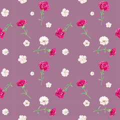 Vector square floral seamless pattern with carnation, red, white flowers, green stems, leaves on burgundy background, digital draw illustration for fabric, wallpaper, wrapping, vintage