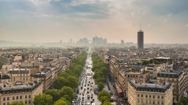 Paris city skyline timelapse at La Defrense and Champs Elysees view from Arc de Triomphe, Paris, France, 4K Time lapse