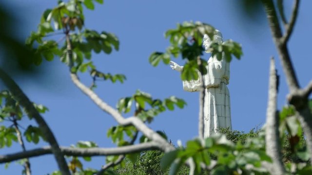 Christ of the Mercy statue behind trees