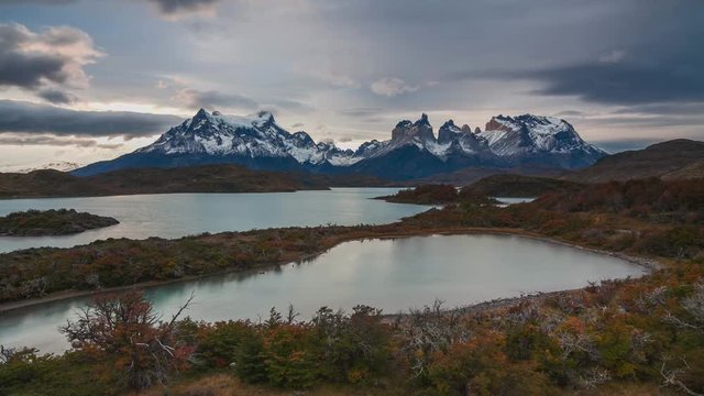 Sunset over the lake Pehoe. Parque Torres del Paine, Patagonia, Chile