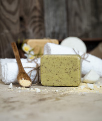 SPA composition on wooden background