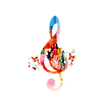 Music background. Colorful G-clef with heart isolated vector illustration